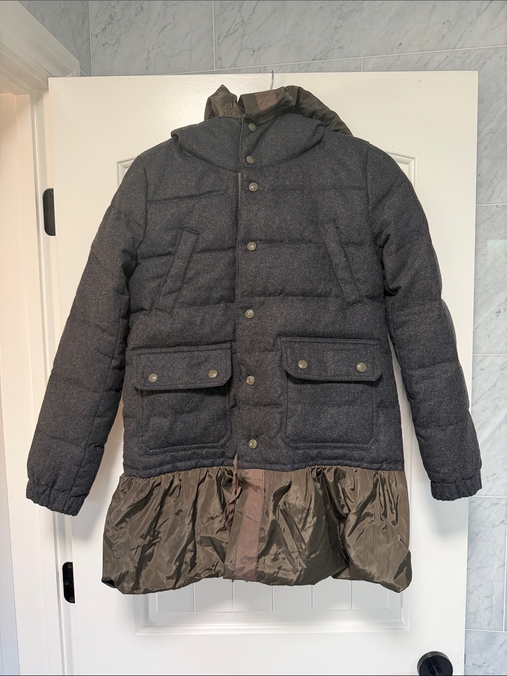 Moncler Two-Tone Hooded Puffer Jacket in Charcoal Gray and Olive